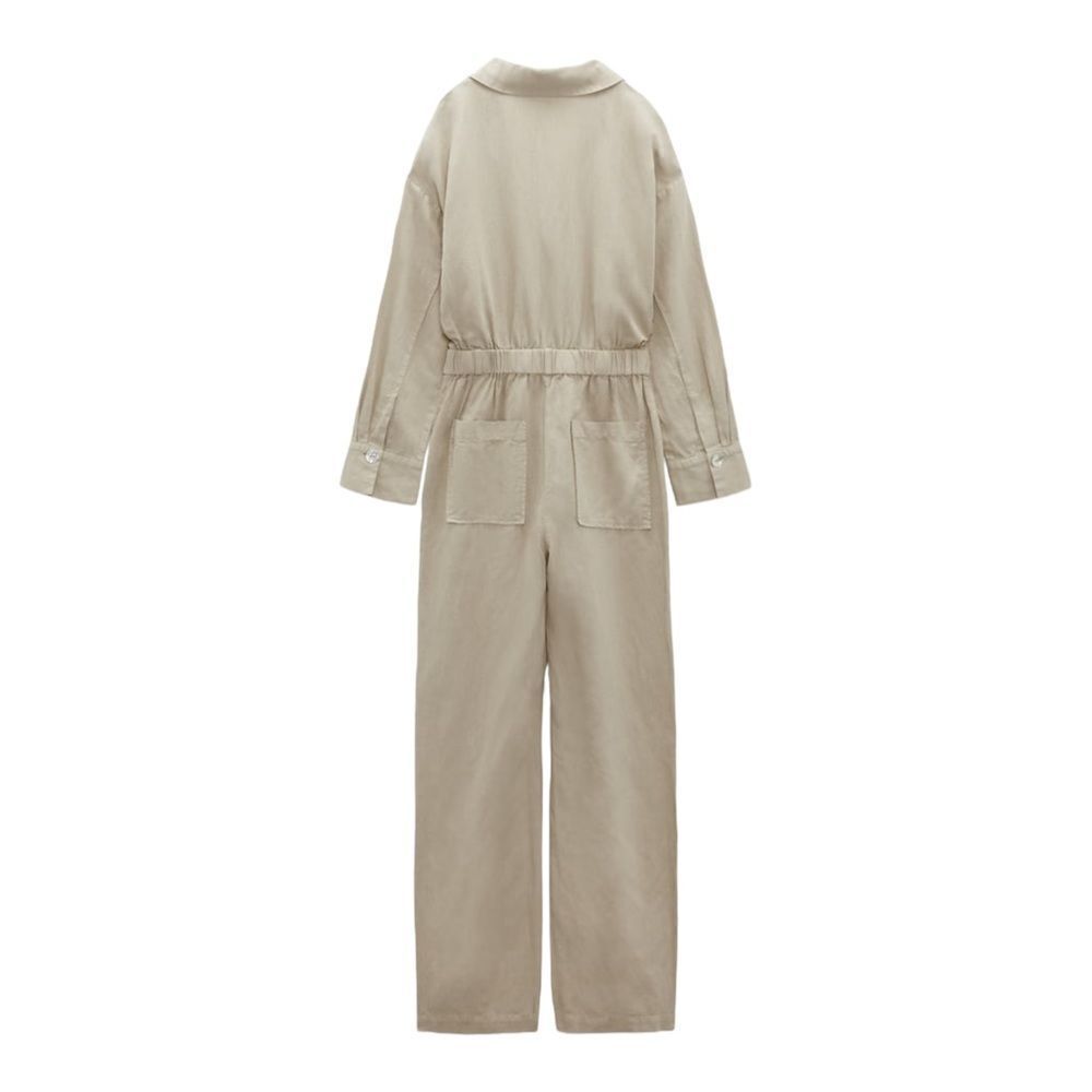 Zara Sand Linen Blend Long Jumpsuit Size M NWT Button Front Wide Leg Romper - Picture 3 of 6